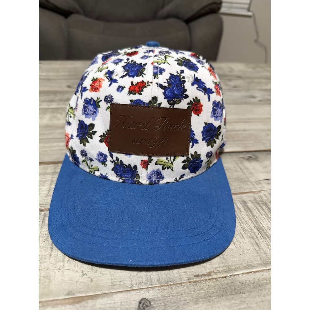 Hard Rock Cafe Floral Snapback Hat Blue Faux Suede Brim Rose Print Cap 1971